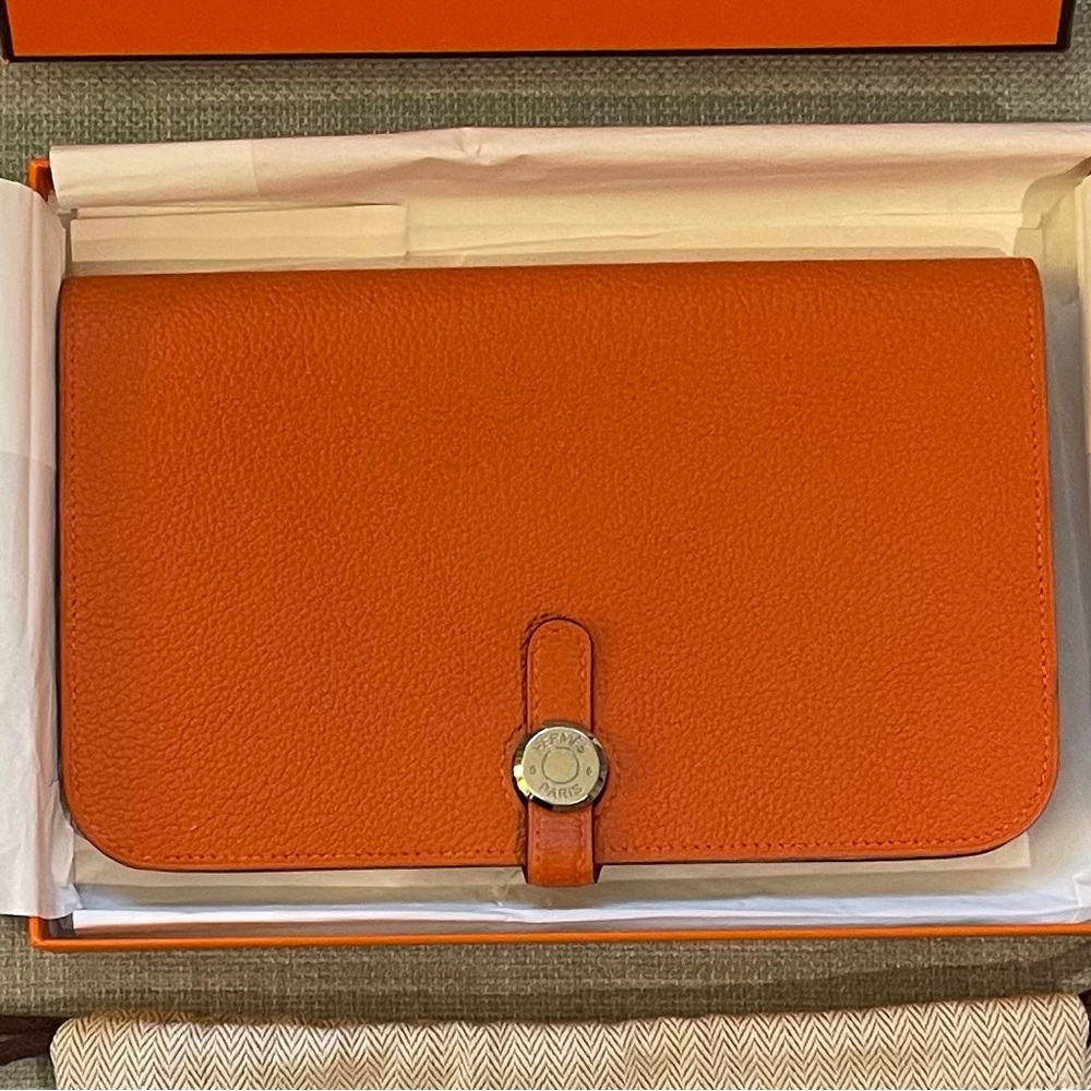 Hermes Dogon Duo Wallet Orange Leather Palladium Hardware Authentic